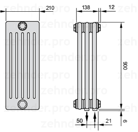 Схема (чертеж) Радиатор Zehnder Charleston 6090/3 №5510 Белый глянцевый RAL 9016